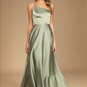 Lulus Love's Calling Olive Satin One-Shoulder Maxi Dress With Pockets